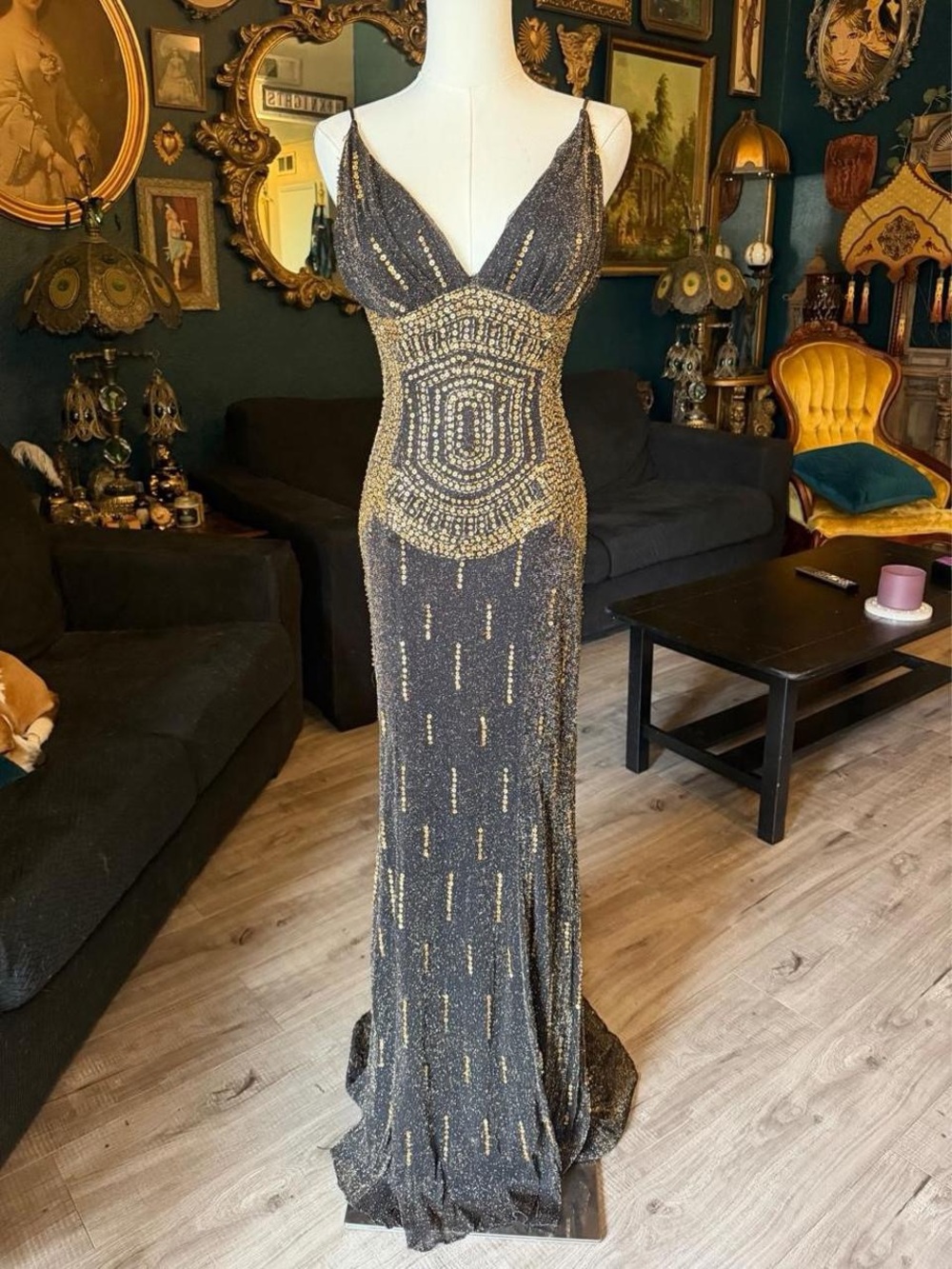 Vintage Y2K Caché Black & Gold Beaded Gown